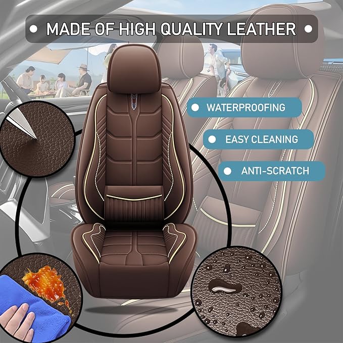 Leather Car Seat Covers Fit for Toyota Sequoia 2001-2024, 5 Seater Car Seat Cover, Premium Waterproof, Scratch Resistant Car Interior Accessories (Full Set Coffee)