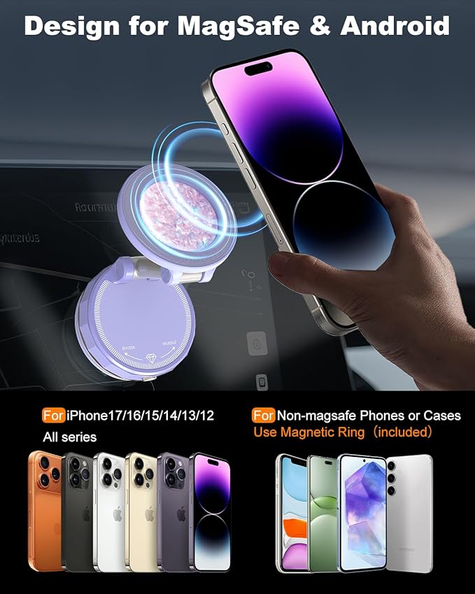 2026 Gen-3 Magnetic Phone Holder for MagSafe Car Mount,360° Adjustable Vacuum Suction Phone Mount for Car/Mirror/Home/Travel,Suction Cup Mount for iPhone 17/16/15/14/13/12/Android (Purple)