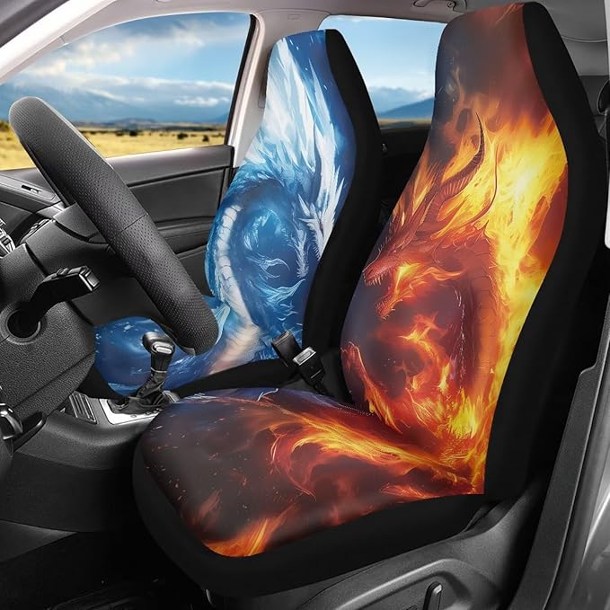 Ice and Fire Dragon Car Seat Covers Front Seats Only Breathable Stretch Polyester Fabric Cover Easy to Install Car Accessories Universal Fit for Most Vehicle