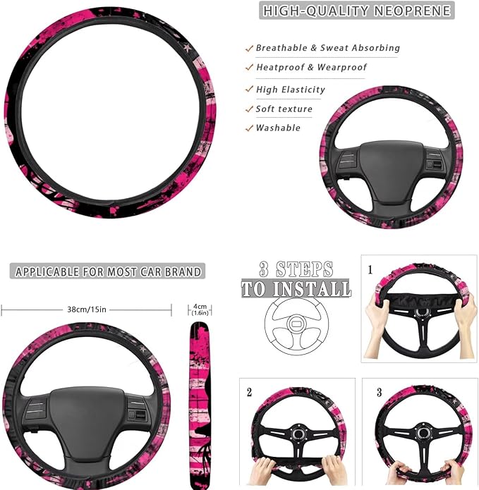 FKELYI Deer American Flag Car Seat & Gear Shift Set, Sugar Skull Steering Wheel Cover, Cup Coasters, Headrest Covers, 10pcs