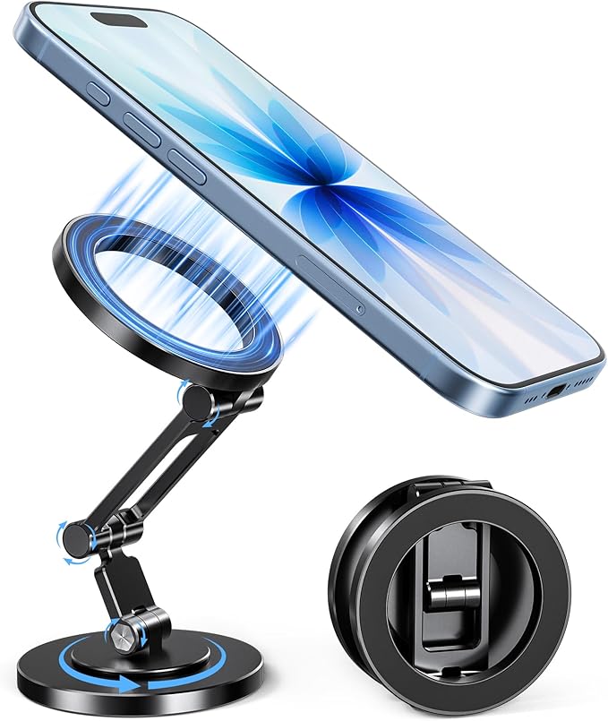 Itramax 360° Rotation Magnetic Phone Stand,Foldable Portable iPhone Stand for Desk with Non-Slip Base,Dual-Sided Ring Smartphone Holder for iPhone 17 16 Plus 13 12 11,Pixel 9 8,Samsung,Office,Kitchen