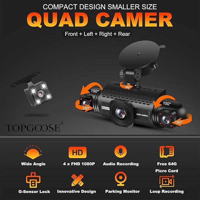 360 Degree View 4 Channel Dash Cam Front and Rear Inside Left Right, TOPGOOSE Dash Camera for Cars FHD 1080P,Free 64GB Card,Multi-Ch Dash Camera for Cars,Black Box Trafflc Recorder,G-Sensor
