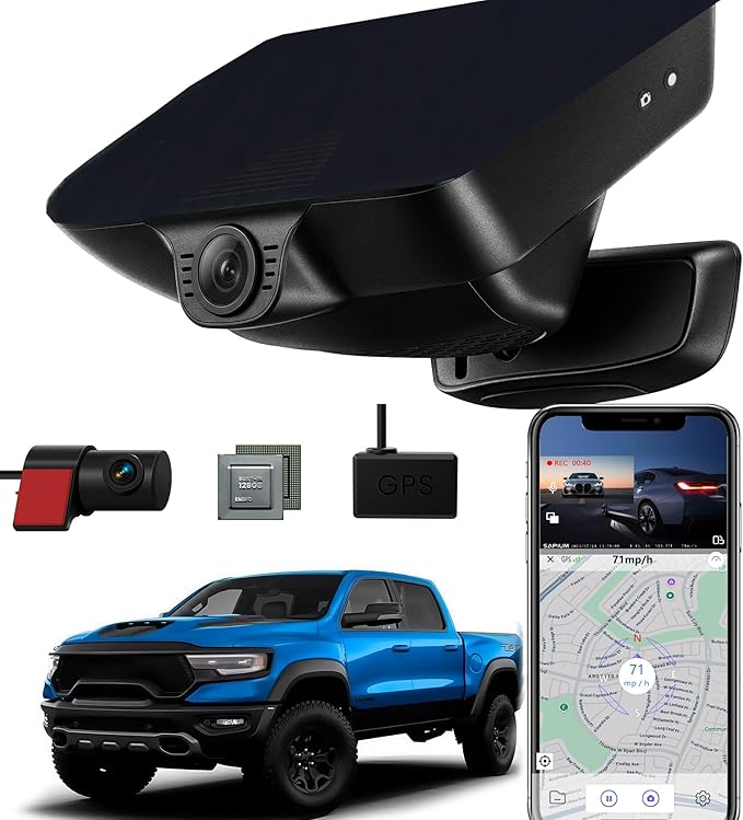 QHI 4K Dash Cam Fit Dodge RAM 1500(2019-2024), Hidden OEM Style, 4K Front & 1080P Rear Camera, 128GB EMMC, 24H Parking Mode, GPS & CPL, for Rebel Big Horn Laramie (S87D Front 4K and Rear 1080P)