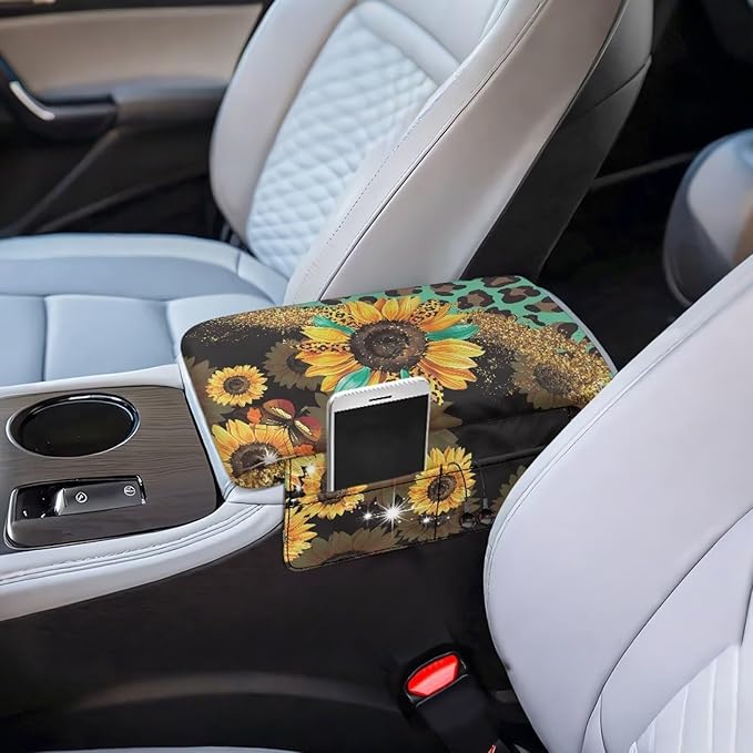 Wanyint Sunflower Leopard Print Green Car Center Console Pad Comfortable Anti-Slip Armrest Cushion with Organizer Pocket Arm Rest Cover Console Lid Protector Cushion Auto Interior Accessories