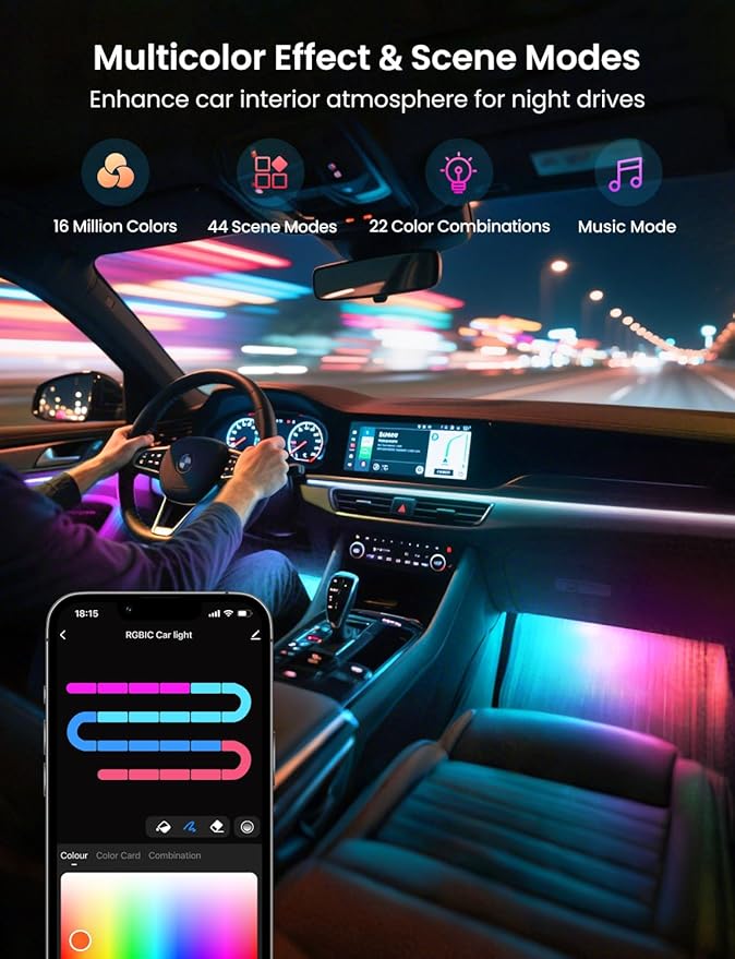 RGB+IC Car LED Lights, Smart 72 LED Car Interior Lights with App Control, 16 Million Colors Under Dash Light with Music Mode, Scene Mode, 2 Lines Design Light for Cars SUVs Trucks with Car Charger