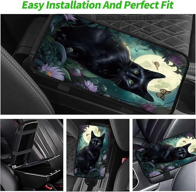 Car Armrest Cover Pads Universal Fashion Cute Auto Center Console Armrest Cover Pad with 2PCS Car Coasters Soft Waterproof Car Armrest Seat Protector for Women Girls, Black Cat
