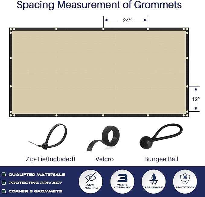 Windscreen4less Privacy Fence Screen Heavy Duty Windscreen Fencing Mesh Fabric Shade Net Cover with Brass Grommtes for Outdoor Wall Garden Yard Pool Deck, 8'x36' Beige