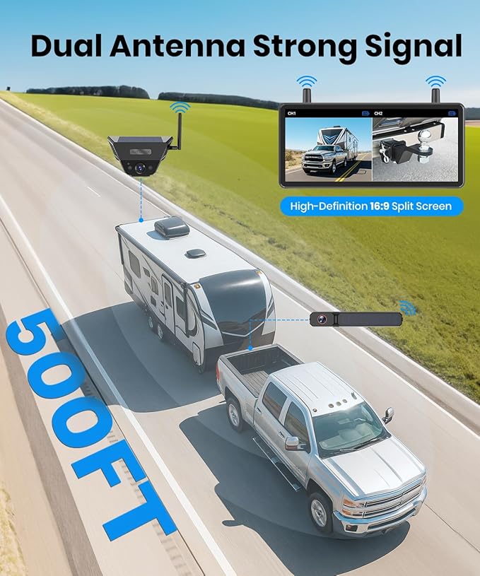 AUTO-VOX 2 Solar Wireless Backup Camera System: 7.2” 1080P HD Monitor, 3-Min Quick Installation for Wider Rear & Trailer View, IP69K Waterproof Back Up Camera for Truck, RV, Camper, Horse/Boat Trailer
