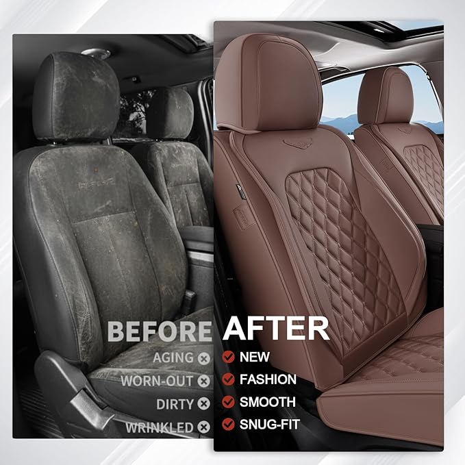 Coverado Front Seat Covers, Luxury Faux Leather Durable Anti-Scratch Cushions, Universal Fit for Cars, SUVs, Pickups, Waterproof Automotive Seat Covers, Car Accessories – Brown