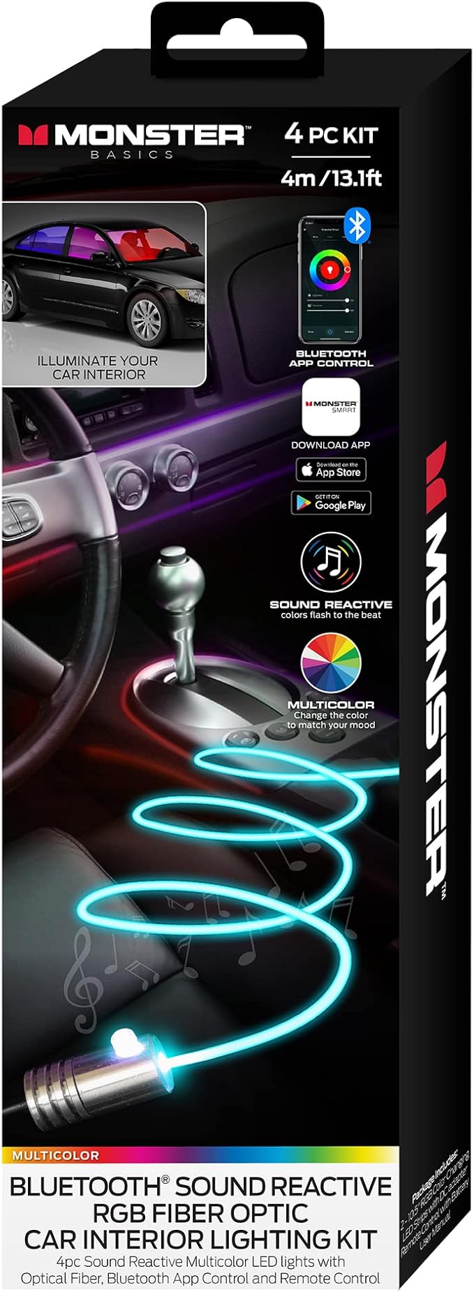 Monster Bluetooth Sound Reactive RGB Fiber Optic Car Interior Lighting Kit, Use Remote/Downloadable App to Customize, Sound-Reactive Mode, Easy Installation, 13ft Cable/12V Adapter Included, 4-Pack
