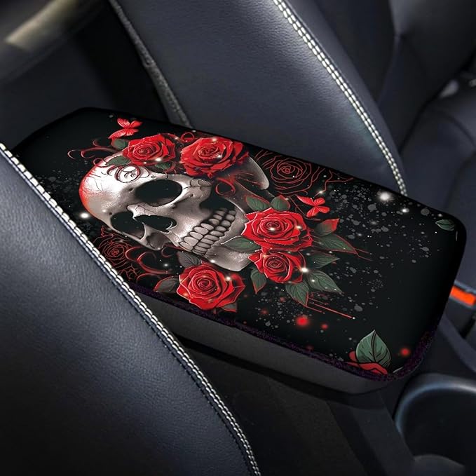 Dreaweet Red Rose Skull Center Console Armrest Pad Cover Halloween Goth Car Accessories Soft Comfort Arm Rest Cover Pad Universal Middle Console Covers for Cars SUV Truck Sedan