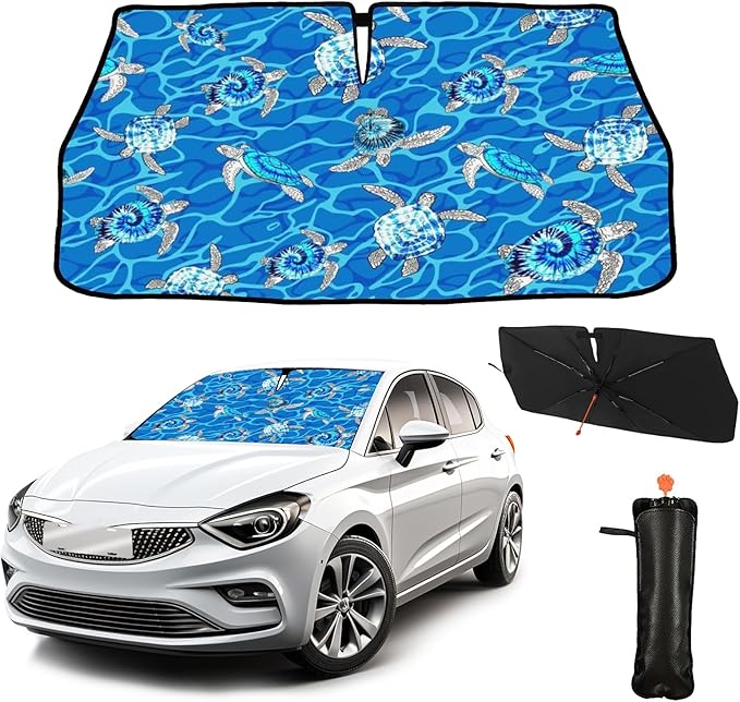 CHILL·TEK Funny Animal Car Windshield Sun Shade Umbrella, Sea Turtle Car Sun Shade Umbrella, Block UV Rays Heat Foldable Windshield Umbrella Sun Visor Protector - Keep Vehicle Cool for Cars SUV