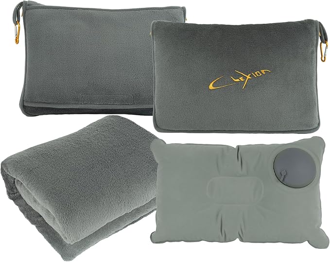 Travel Blanket and Pillow Set for Airplane, 300 GSM Soft Fleece Compact Travel Blanket with Inflatable Pillow and Carry Bag, 60x43 Inches, Grey