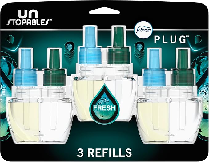 Febreze Plug-in Air Freshener, Odor-Fighting Scented Oil Refill, Air Fresheners for Home, Bathroom and Kitchen, Long Lasting, Unstopables Fresh Scent, 0.87oz Refills, Multi Color, 3 Count