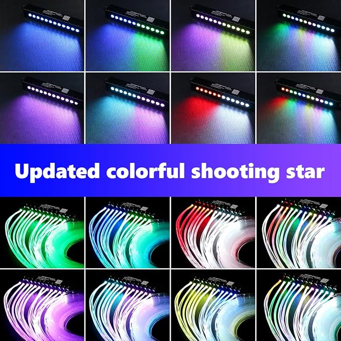 AMKI Dual Color 20W Twinkle Starlight Headliner Kit 800pcs*0.03in 13.1ft Cables+ RGB Meteor Shooting Star Fiber Optic Light Sound Activated APP/Remote Control for Car Roof Home Ceiling