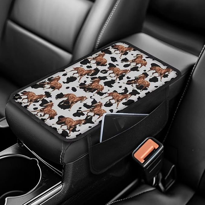 Horses Cow Spot Print Center Console Covers for Cars Wear-Resistan Vehicle Armrest Cover Pad Waterproof Box Cover Protector Armrest Cover Center Console Pad
