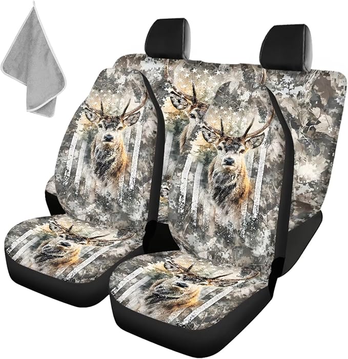 KEIAHUAN Car Seat Cover Full Set of 4 for Men Front Saddle Blanket Rear Split Bench Protection Cover Car Interior Accessories Decoration Fit Most Trucks, SUV or Vans American Flag Camo Deer Hunting
