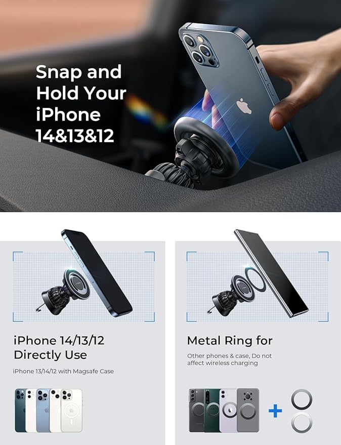 LISEN for Magsafe Car Mount, Magnetic Phone Holder for Car Vent Phone Mount, Hands Free Phone Mount for Car Accessories Dashboard Windshield Vent Cell Phone Holder for iPhone Car Mount Silver Kits