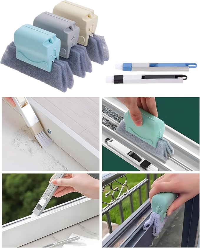 Magic Window Track Cleaning Tools Set, Window Sill Track Cleaner Tools, Clean Scraper, 3Pcs Cleaning Brush and 6Pcs Replacement Cloth, 2Pcs Clean Brush