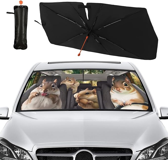Socira Funny Squirrels Car Windshield Sunshade Umbrella Foldable Visor Umbrella Sun Shade Cover Funny Animal Sunshade Front Window Cover Squirrels Car Accessories Blocks Uv Rays 57" X 30"