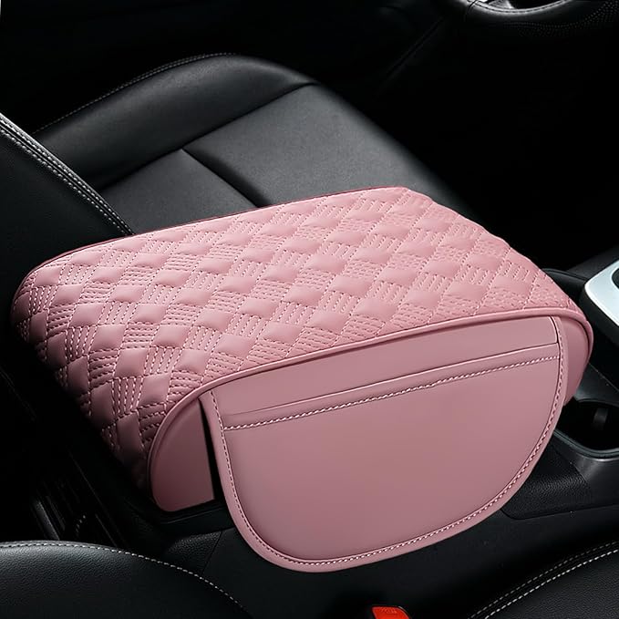 wuyaoyao Car Center Console Cover, 12.2"×8.27"×1.97" Leather Center Console Protector, Auto Armrest Pad with 2 Storage Pocket, Universal Armrest Cover Cushion for Most Cars, Trucks, SUVs (Pink)