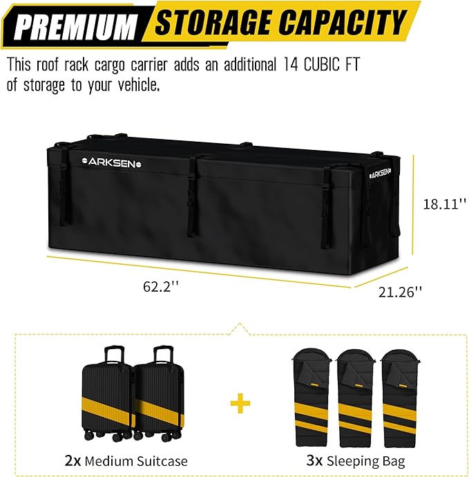 ARKSEN 14 Cubic Hitch Cargo Carrier Bag 500D PVC Waterproof Car Tray Luggage Bag (62.2"x 21.26"x 18.11") with Zipper, 6 Buckles, 10 Straps, Anti-Slip Mat, 6 Door Hooks All Vehicles with/Without Rack