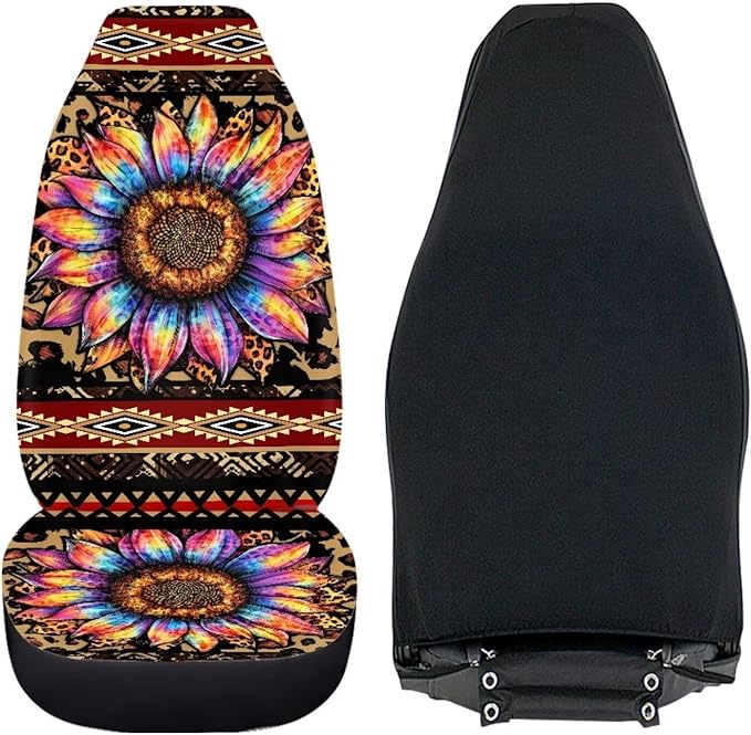 BIGCARJOB Native Tribal Sunflower Car Seat Covers Set Universal Car Interior Seat Rugs 2 Pcs Aztec Sunflower Auto Front Seat Protector Set Sunflower Car Accessories