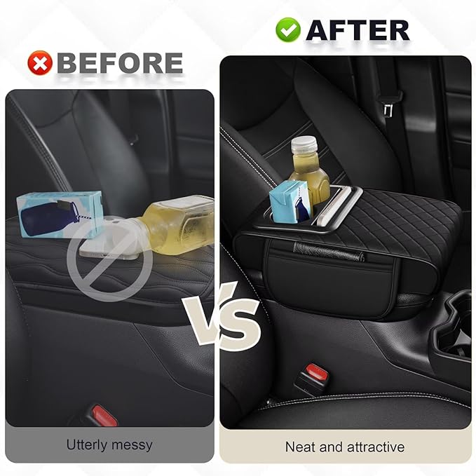 Center Console Cover Fit for Camry Faux Leather Car Armrest Cushion with Storage Bags, Cup Holder ＆ Phone Storage Multifunctional Middle Console Cover(Black)