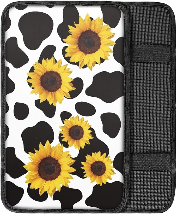 Dreaweet Sunflower Cow Print Car Armrest Cover Center Console Arm Rest Box Pad Mat Cute Car Accessories for Women Girls,Universal Fit SUV