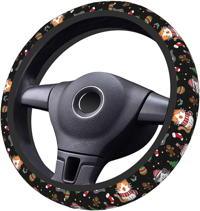 Christmas Cat Steering Wheel Cover Women 15 inch Anti-Slip Sweat Absorption Steering Wheel Covers Cute Car Accessories Decor Car SUV Sedan Vans Truck Protector