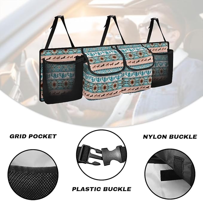 Aztec Ethnic Horse Large Capacity Car Trunk Organizer, Waterproof Oxford Backseat Hanging Storage Bag with 4 Pockets, Foldable Car Organization for Car Tools, Car Accessory for SUV Truck