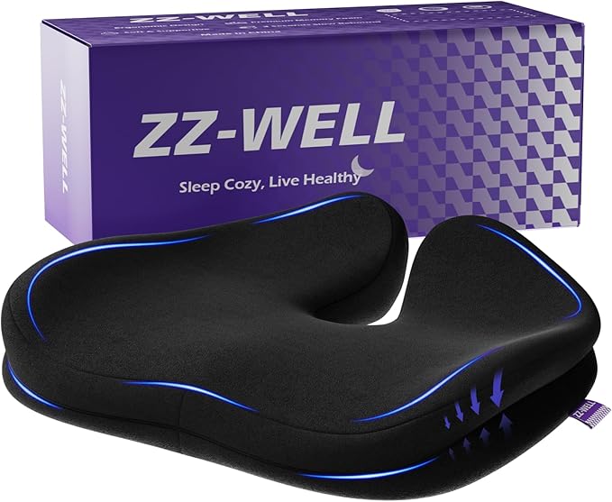Seat Cushions for Office Chairs, Car Seat - Patented Coccyx Cushion for Tailbone Pain - Memory Foam Butt Cushion for Pressure Relief - Carry Handle & Non Slip Bottom (Black)
