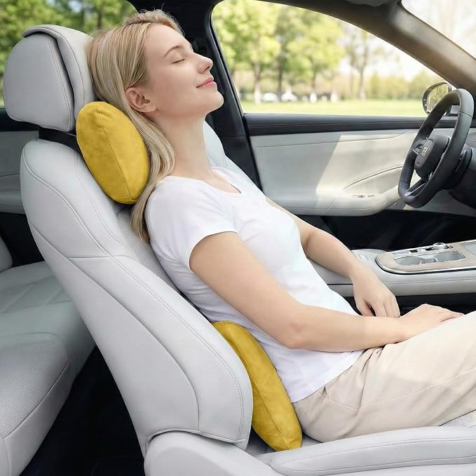 2PCS Car Pillow for Car Neck Pillow for Driving Seat Neck Support Soft Cushion Back Support Head-Rests for Vehicle Sleeping with Elastic Adjustment Strap (Golden, Head and Lumbar)