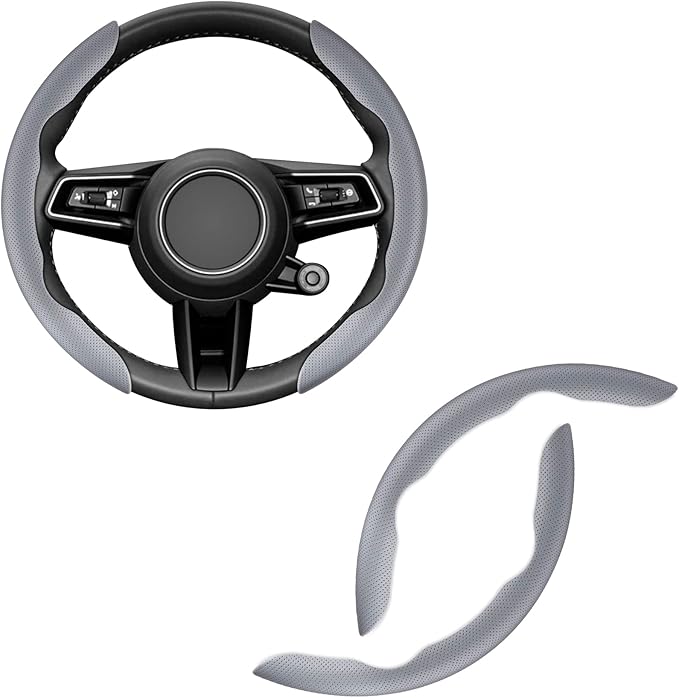 Amiss Nappa Leather Steering Wheel Cover - Universal 99% Segmented Steering Wheel Protector (Grey), 2PCs