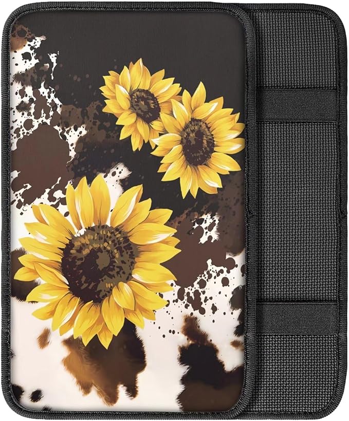 Dreaweet Sunflower Brown Cow Print Center Console Cover Cute Car Accessories for Women Car Armrest Cover Cushion Soft Comfy Car Arm Rest Cover Pad Universal for Most Vehicles