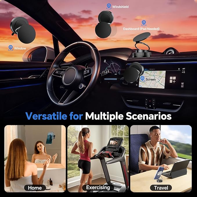 Magnetic Phone Holder for MagSafe, 360° Adjustable Car Phone Mount with 96+LBS Strongest Suction & 2800gf Strongest Magnetic for Dashboard/Gym/Mirror, Compatible with iPhone & Android