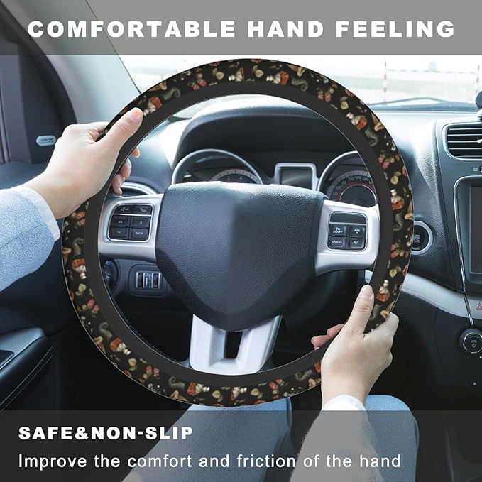 Black Mushrooms Steering Wheel Cover, Cute Funny Anti-Slip Breathable Car Accessories Interior Elastic Steering Wheel Cover for Men Women Fit Auto, SUV Vans Truck Universal 14.5-15 Inch