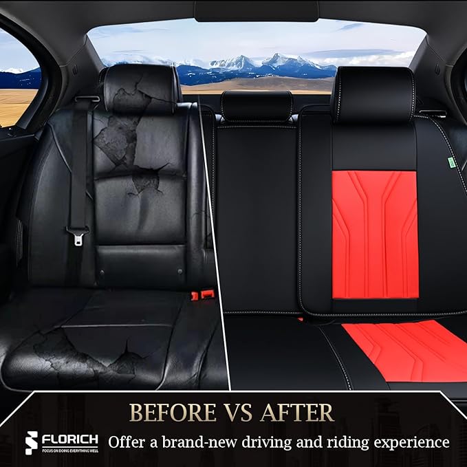 FLORICH Rear Seat Covers Leather Car Seat Covers Waterproof Back Seat Cover Automotive Seat Covers Universal Seat Cushion Protector for Most Cars Trucks SUV-Black&Red