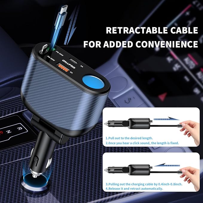 OHLPRO Retractable Car Charger Cigarette Lighter Adapter, 168W 5 in 1 Fast Phone Charging Built-in Replaceable Fuse, Socket Splitter with USB C and USB i Cord, Fit for Phone iPad Galaxy GPS, Blue