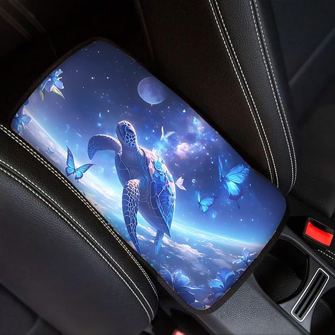 Butterfly Moon Sea Turtle Soft Armrest Seat Box Cover Car Armrest Cushion Car Decor Protective Car Accessories Fit for Most Cars, Vehicles, SUVs