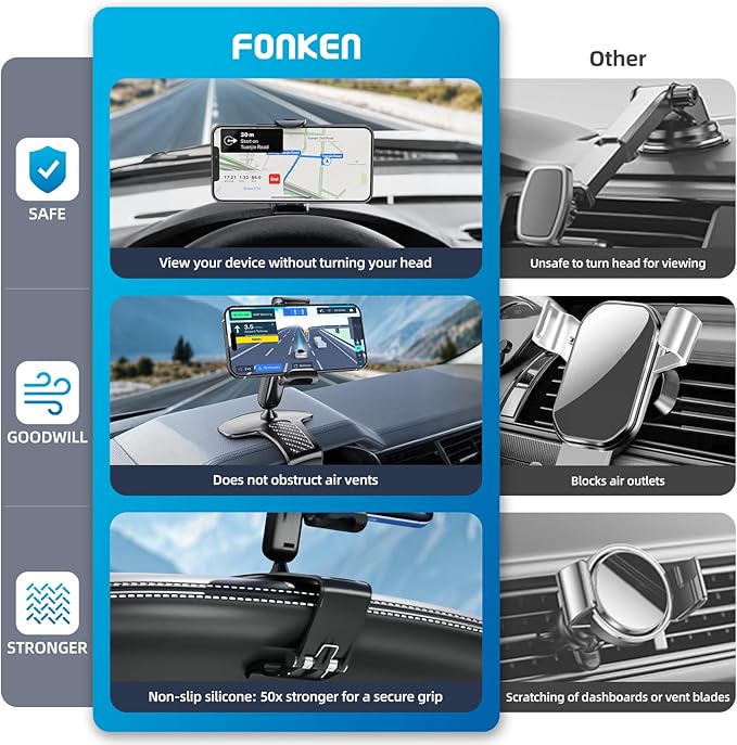 Universal 360 Dashboard Cell Phone Holder, Upgrade Clip Car Phone Holder Mount for Dashboard 360 Degree Rotation Dash Board Phone Mount Fit for iPhone,Samsung,Google,Nokia, 4 to 7" Smartphones