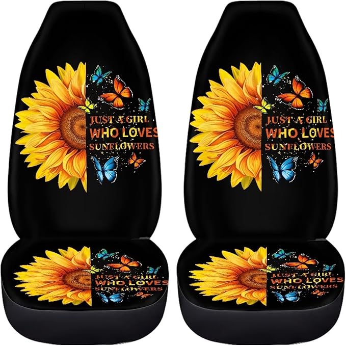BIGCARJOB Sunflower Print Car Seat Cover Set for Front Seat Only,Sunshine Sunflower Auto Front Seat Protector Full Set Butterfly Car Interior Accessories,Universal Fit