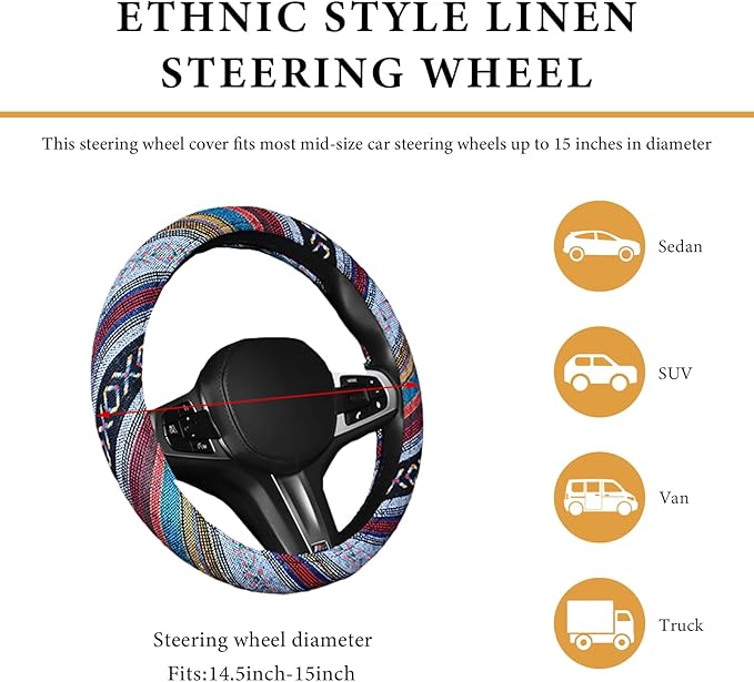 Boho Steering Wheel Cover, 15 Inch Coarse Flax Cloth Ethnic Style Anti-Slip Car Wheel Wrap, Universal Breathable Bohemian Steering Wheel Protector for Cars Vans Trucks (D)