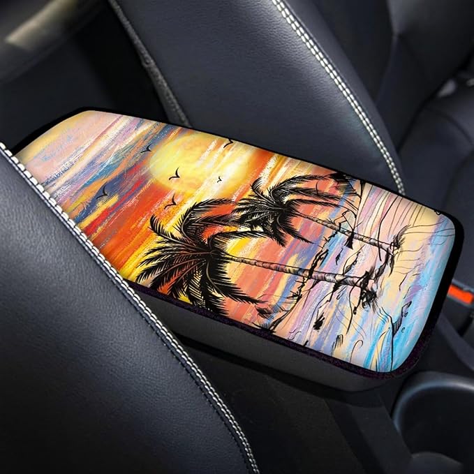 Beach Palam Tree Car Center Console Cover Washable Car Accessories Cars Armrest Box Pad for Comfortable Support, Universal Armrest Cover for Vehicles Truck SUV