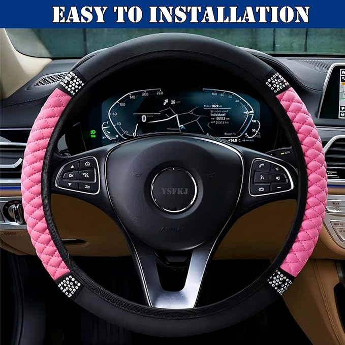 Soft Leather Car Steering Wheel Cover, Universal 15 Inch Colorful Rhinestones Anti-Slip Elastic Steering Wheel Covers for Most Cars, Sparkly Crystal Diamond for Women Girls (Pink)