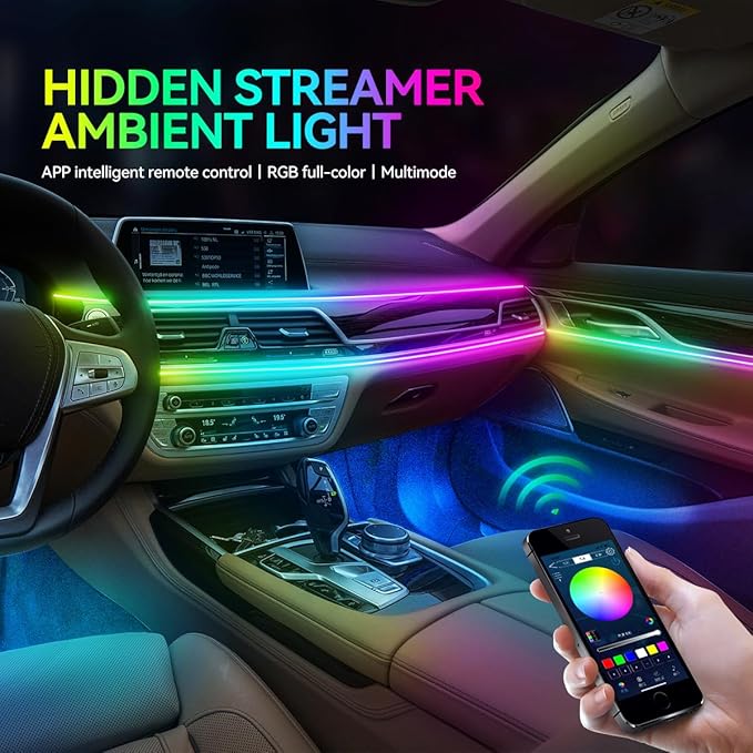 Dreamcolor Acrylic Interior Car LED Strip Lights, Car Ambient Lighting Kit with APP Control, Decorative Lights with Dynamic Chasing Sync to Music, RGB Neon Lighting (10 in 1)