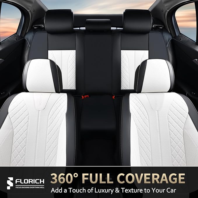 FLORICH Seat Covers Full Set Luxury Faux Leather Front and Rear Car Seat Cover Waterproof Automotive Seat Covers 5 Seats Car Seat Protector Universal Fit for Most Cars SUV Trucks, Black&White