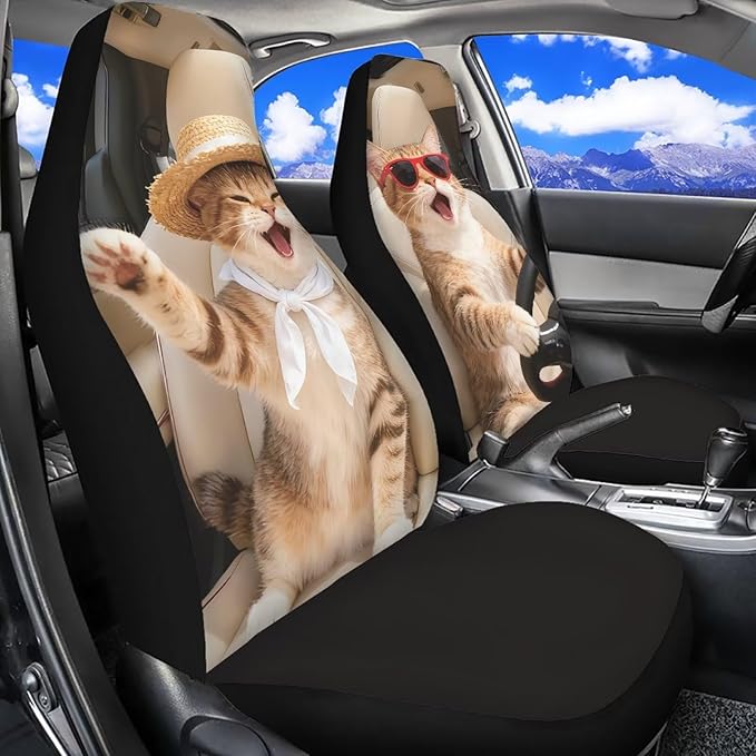 Cat Driving Car Seat Covers 2 Pcs Cute Car Seat Covers Front Seats Only Easy to Install and Clean Protection Interior Accessories Universal Fit for Most Cars SUVs and Sedans