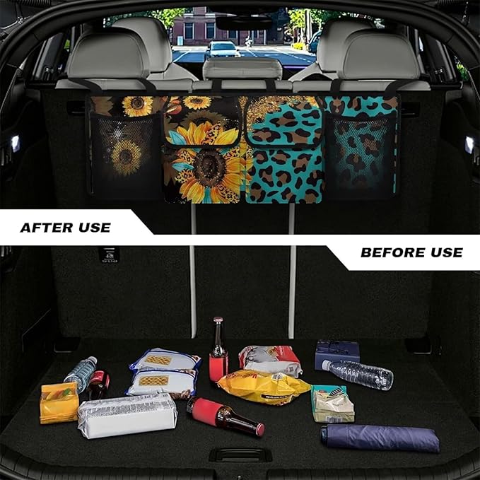 Sturdy Car Backseat Trunk Organizer Leopard Sunflower Pattern Trunk Storage Bag for SUVs, Vans, Cars Car Organization Women