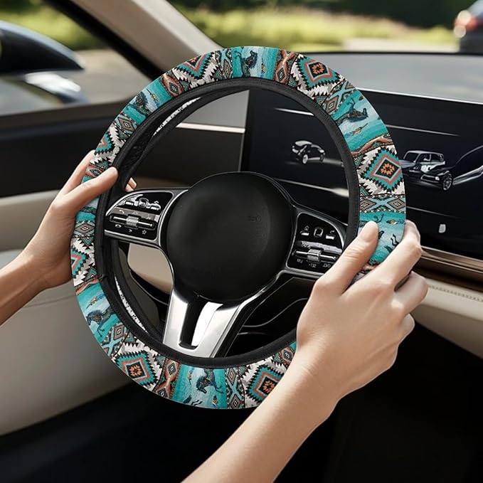 SEANATIVE Car Steering Wheel Protector Cover Aztec Horse Print Automotive Universal Steering Wheel Cover, Car Accessior, Easy to Disassemble